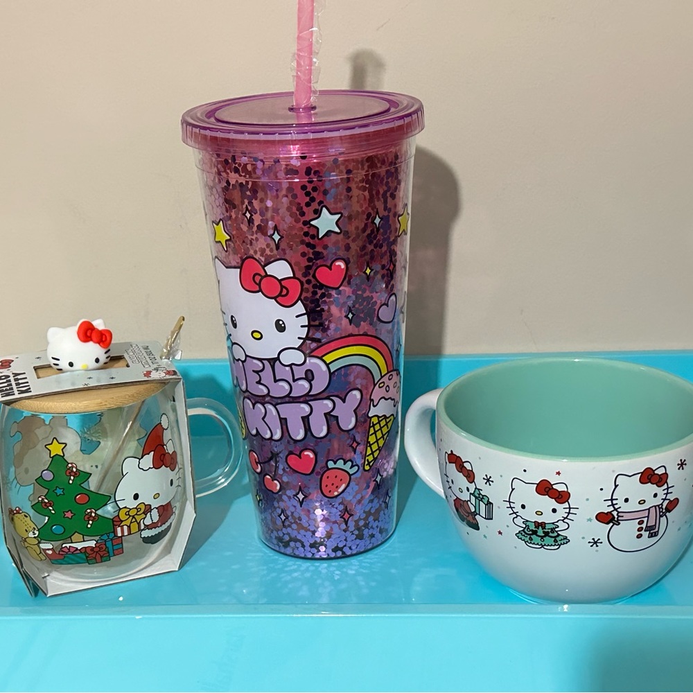 3 items: Cute Hello Kitty Christmas Glass Mug with Lid, Bowl & 32oz tumbler